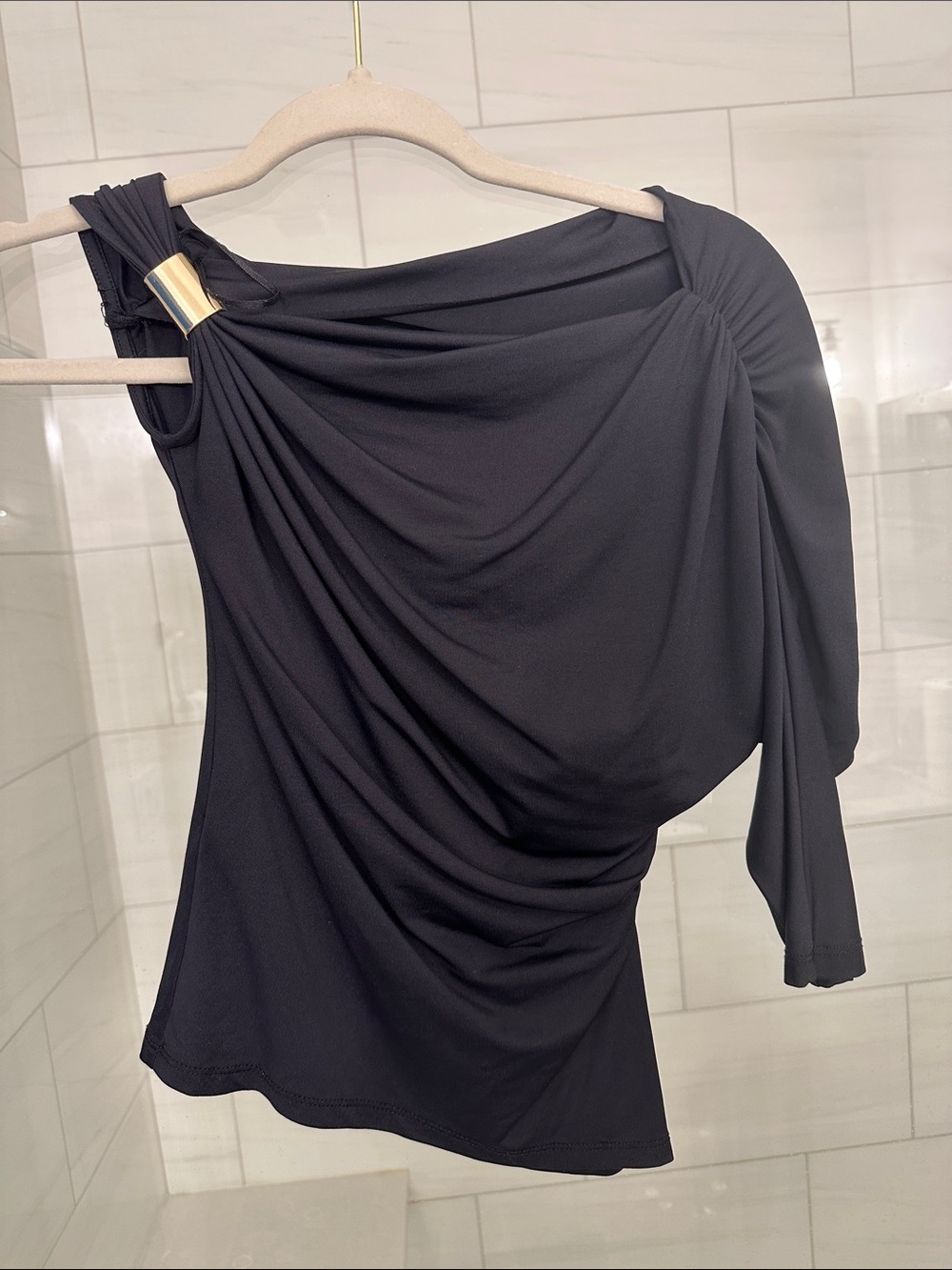 Zara Black One-Shoulder Draped Top with Gold Buckle